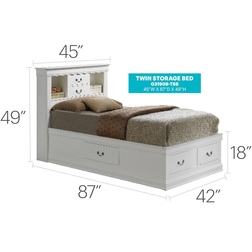 Glory Furniture Louis Phillipe Twin Storage Bed in White Color. Picture 7