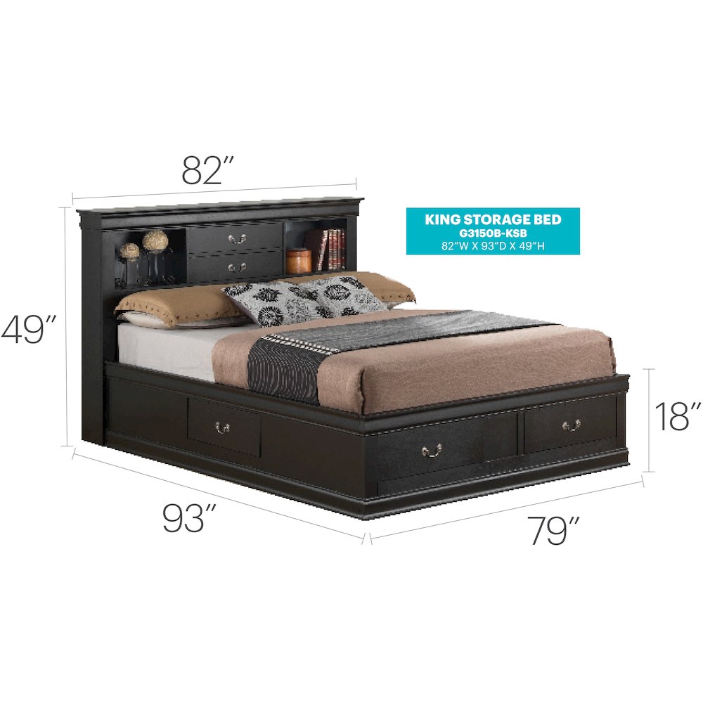 Glory Furniture Louis Phillipe King Storage Bed in Black Color. Picture 3