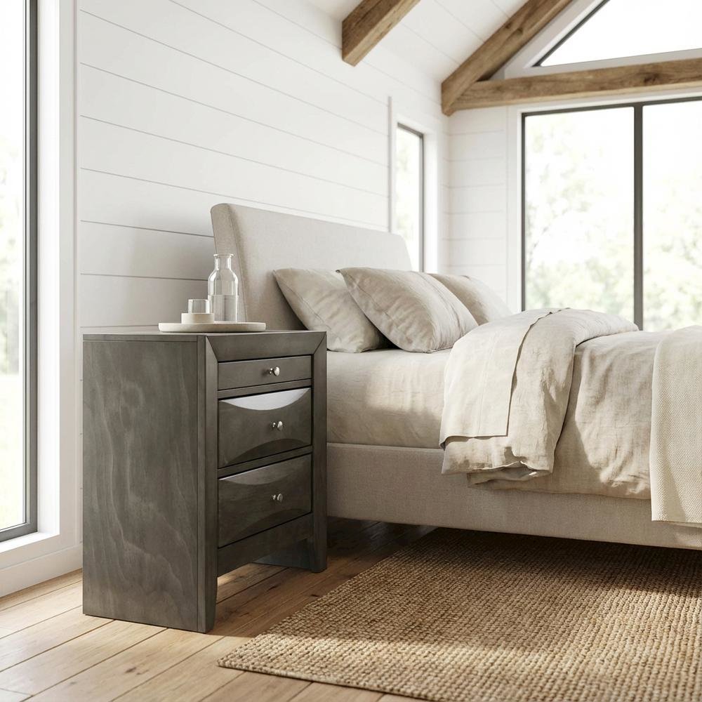 Gray Bedroom Nightstand, 3 Drawers, Dovetailed Construction, Contemporary Style. Picture 2