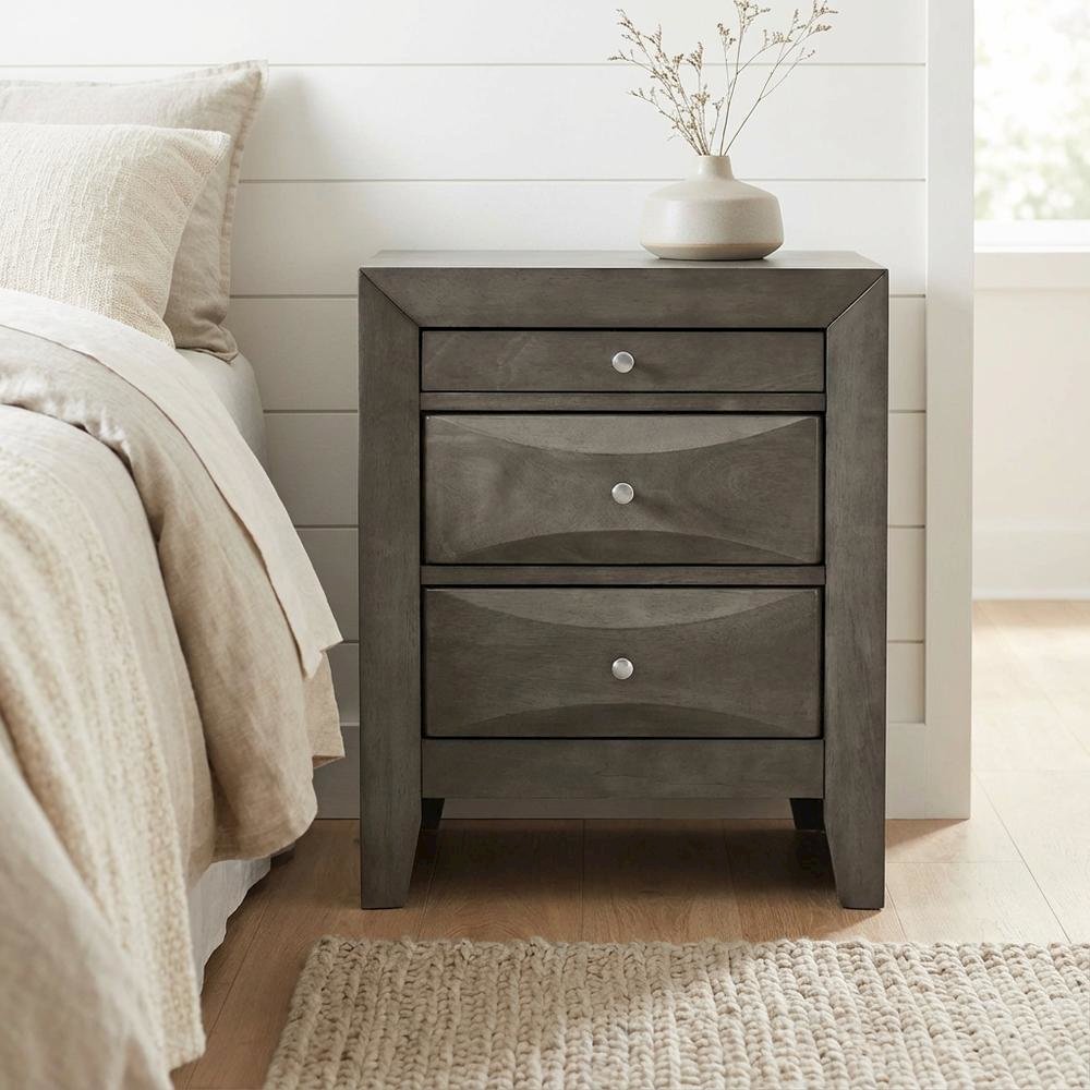 Gray Bedroom Nightstand, 3 Drawers, Dovetailed Construction, Contemporary Style. Picture 3