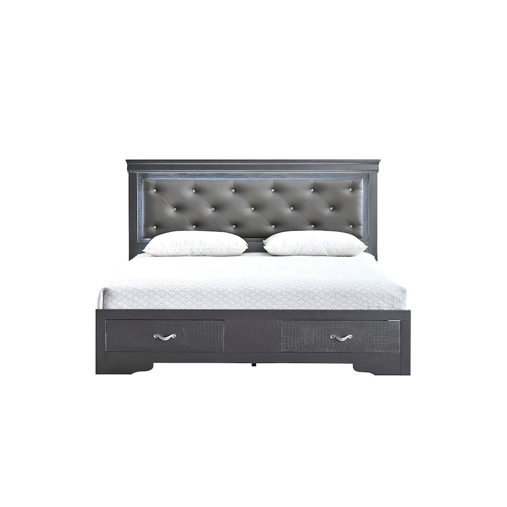 Storage Bed with LED Tufted Headboard, Modern Bedroom Beds, Gunmetal Gray, Queen. Picture 3