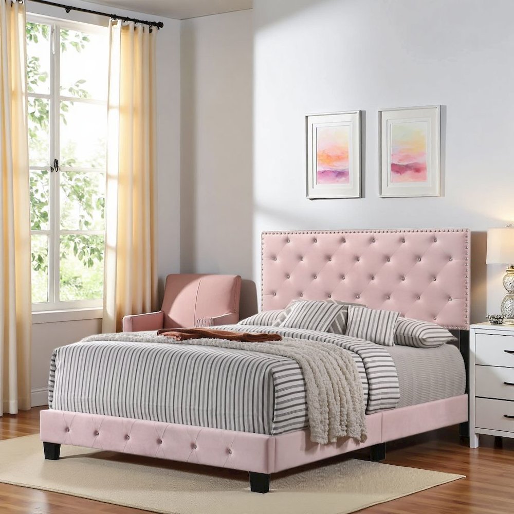 Elegant Pink Queen Bed Frame with Upholstered Headboard Design. Picture 2