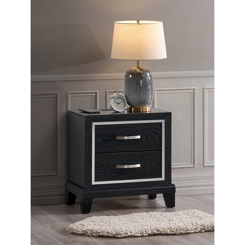 Contemporary Livingston 2 Drawer Nightstand with AC/USB Outlets, Black. Picture 4