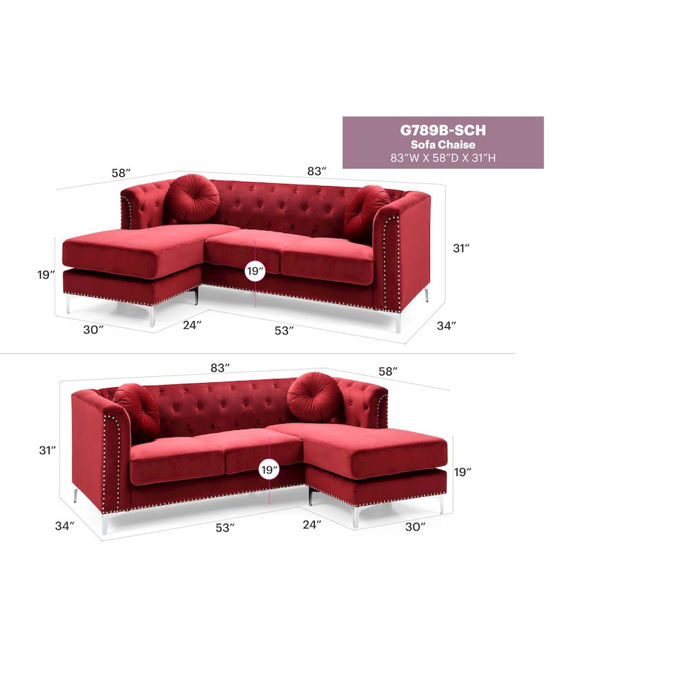 Glory Furniture Pompano Sofa Chaise in Burgundy Color. Picture 7