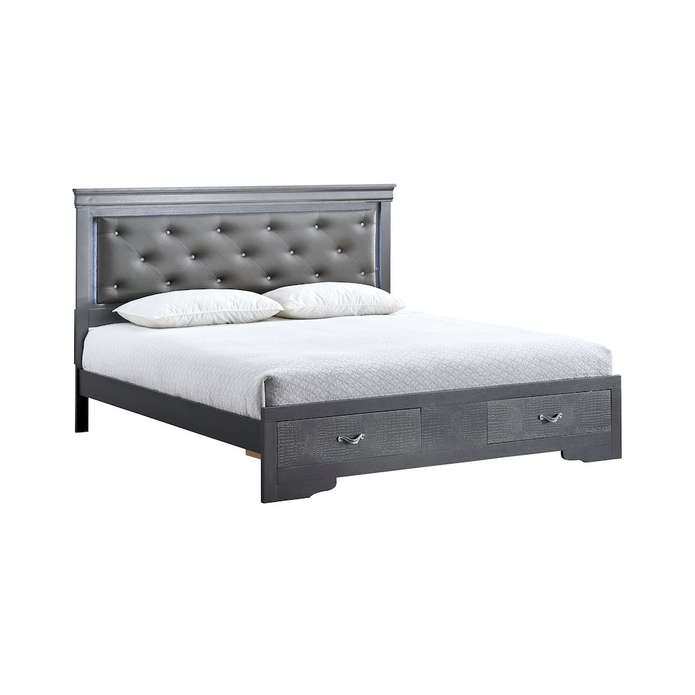 Storage Bed with LED Tufted Headboard, Modern Bedroom Beds, Gunmetal Gray, Queen. Picture 1