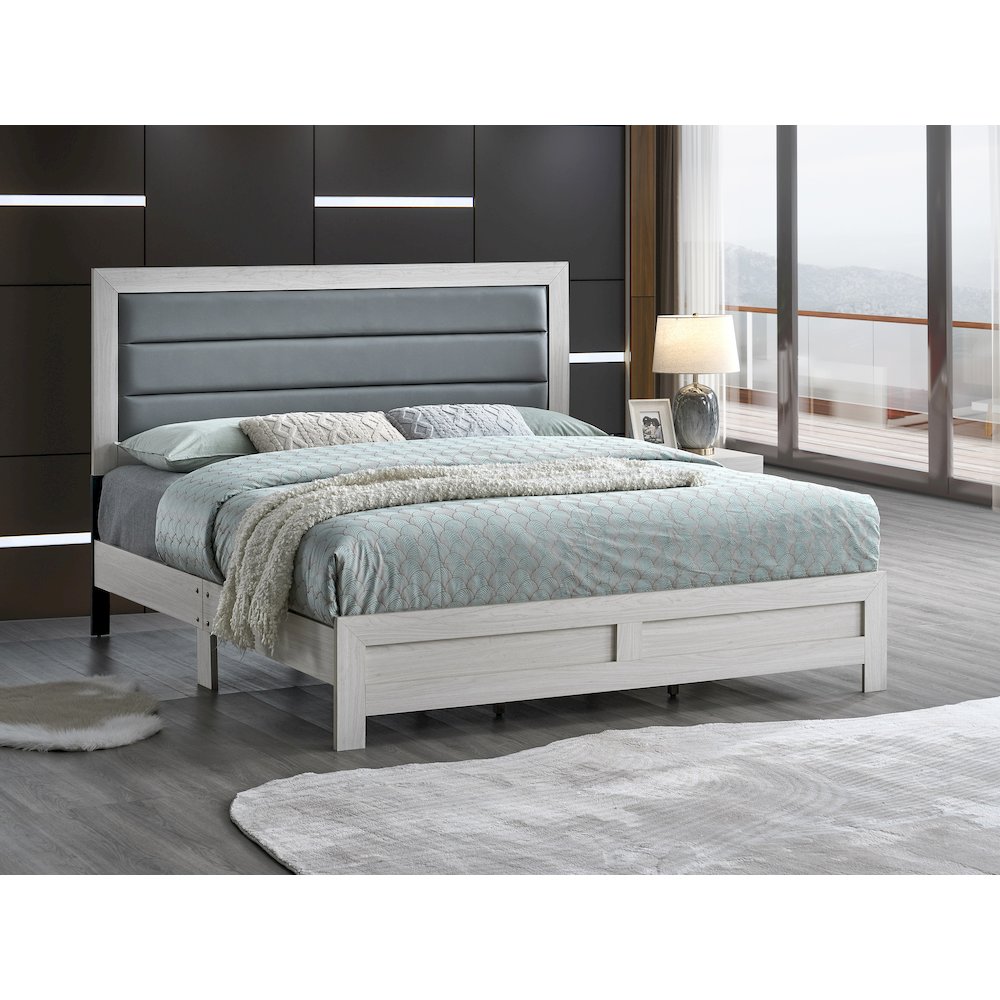 Wooden Platform Bed Frame with Headboard, Bedroom Bed Furniture, Beige, Full. Picture 2