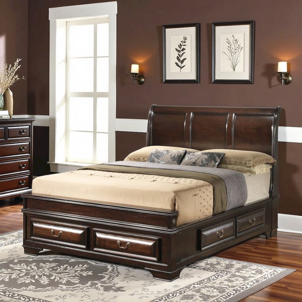 King Size Bed Frame with 6 Storage Drawers in Cappuccino Wood Finish. Picture 2