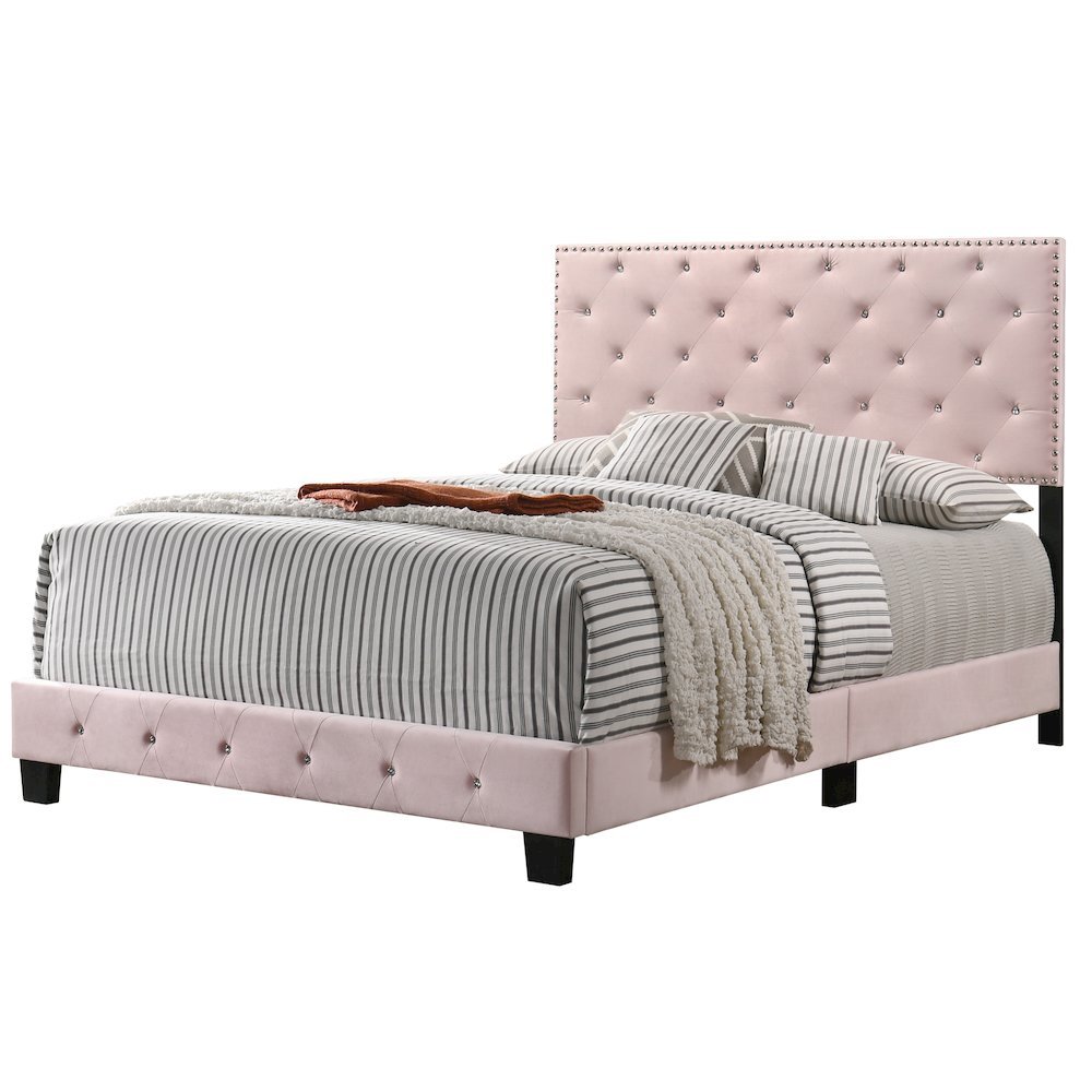 Elegant Pink Queen Bed Frame with Upholstered Headboard Design. Picture 1
