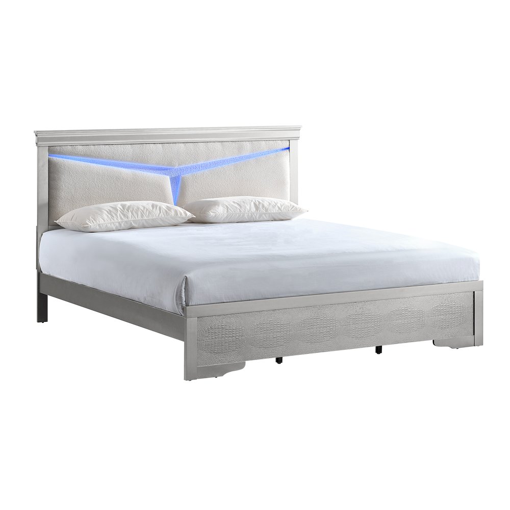 Storage Bed with LED Tufted Headboard, Bedroom Beds, Silver Champagne, Queen. Picture 1