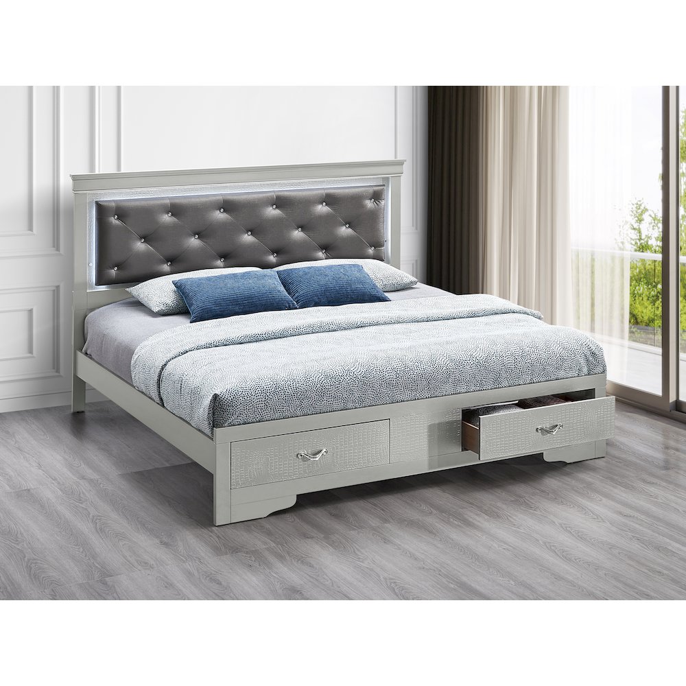 Storage Bed with LED Tufted Headboard, Bedroom Beds, Silver Champagne, King. Picture 2