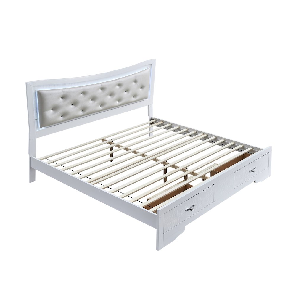 Storage Bed with LED Tufted Headboard, Bedroom Beds, Sparkling White, Queen. Picture 5