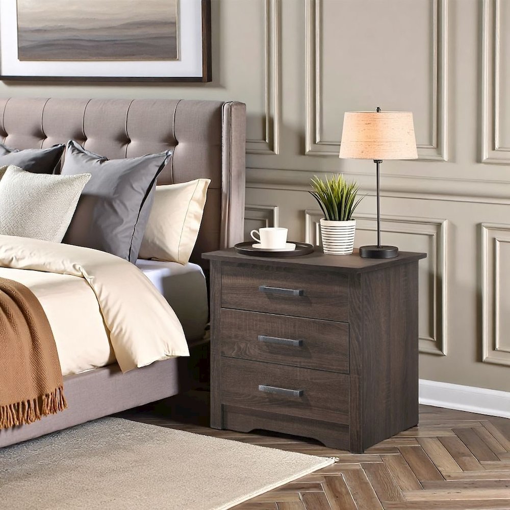 Brown 3 Drawer Nightstand – Tall Wood Nightstand with Ample Storage. Picture 4