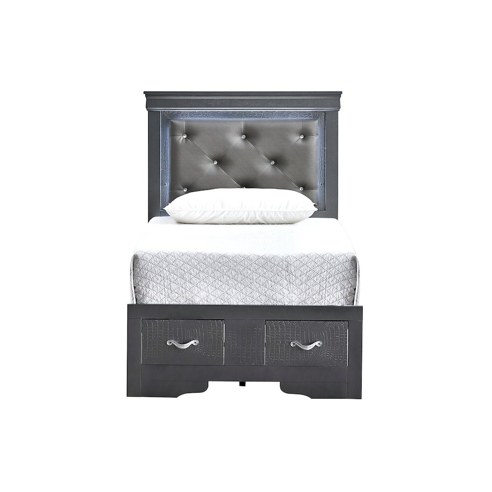 Storage Bed with LED Tufted Headboard, Modern Bedroom Beds, Gunmetal Gray, Twin. Picture 3