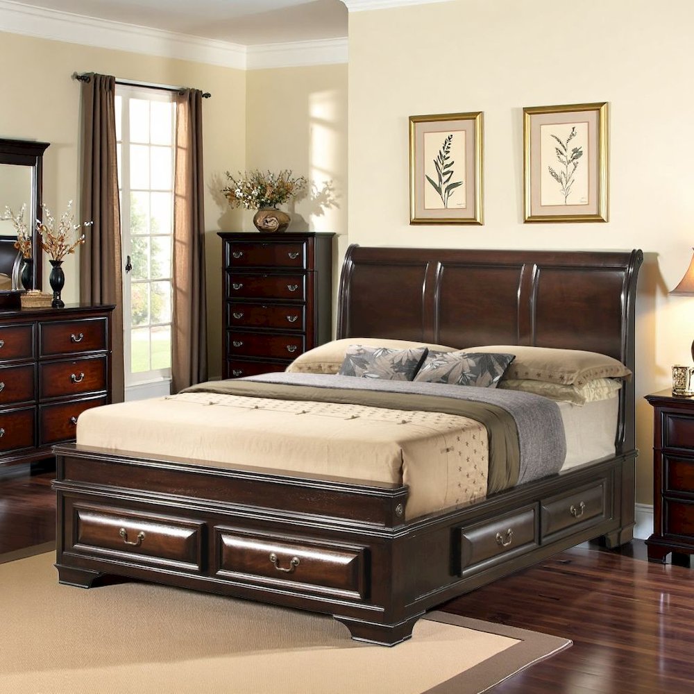 Queen Bed Frame with 6 Storage Drawers in Cappuccino Finish Wood Design. Picture 2