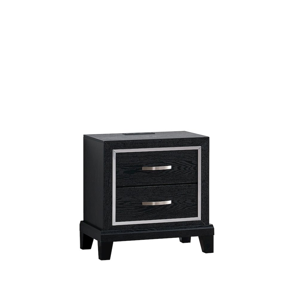 Contemporary Livingston 2 Drawer Nightstand with AC/USB Outlets, Black. Picture 5