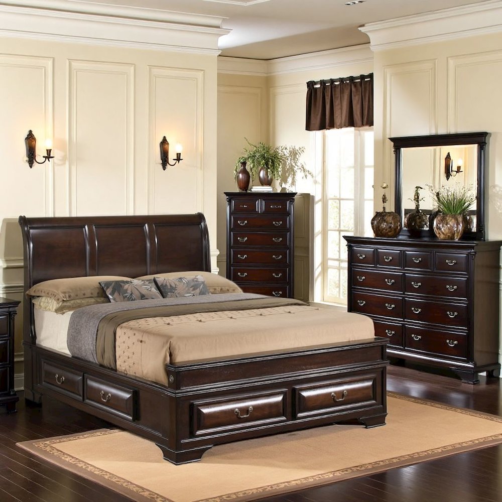 King Size Bed Frame with 6 Storage Drawers in Cappuccino Wood Finish. Picture 3