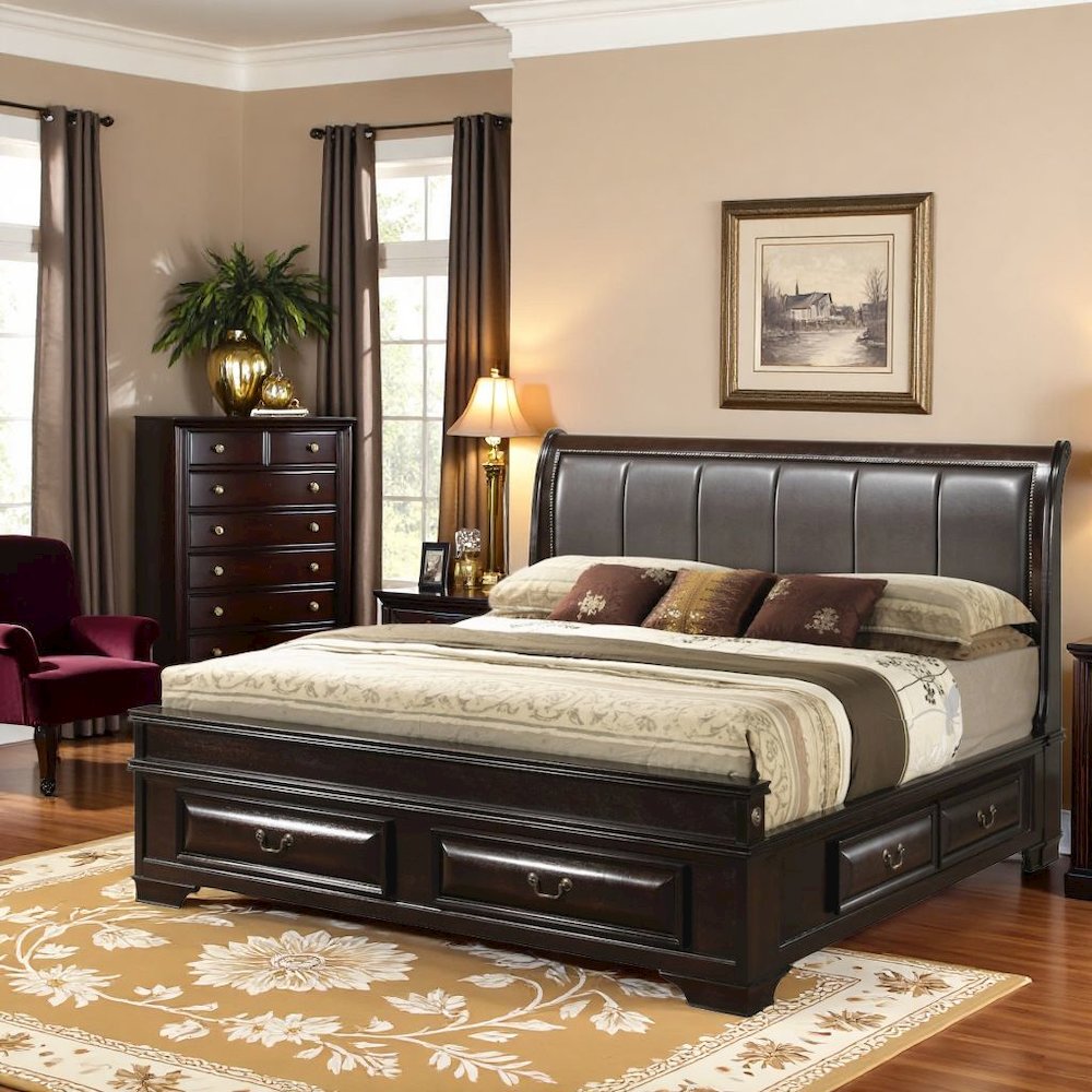 Brown King Size Bed Frame With 6 Drawers And Solid Wood Accents. Picture 3