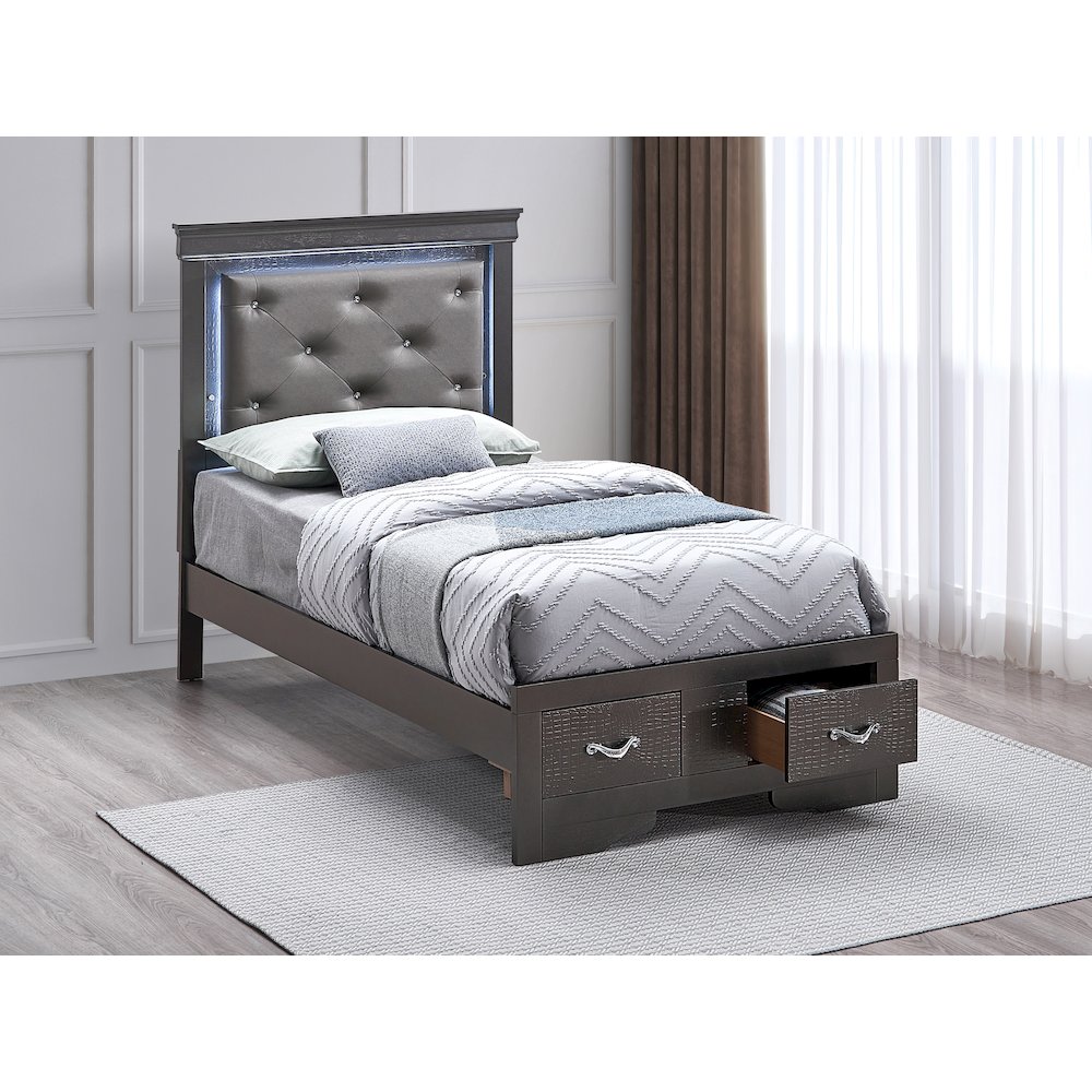 Storage Bed with LED Tufted Headboard, Modern Bedroom Beds, Gunmetal Gray, Twin. Picture 2