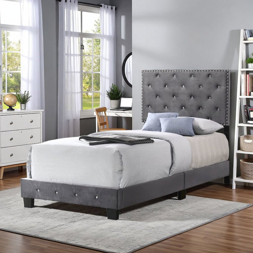 Gray Twin Bed with Headboard, Twin Platform Bed Frame for Adults. Picture 3