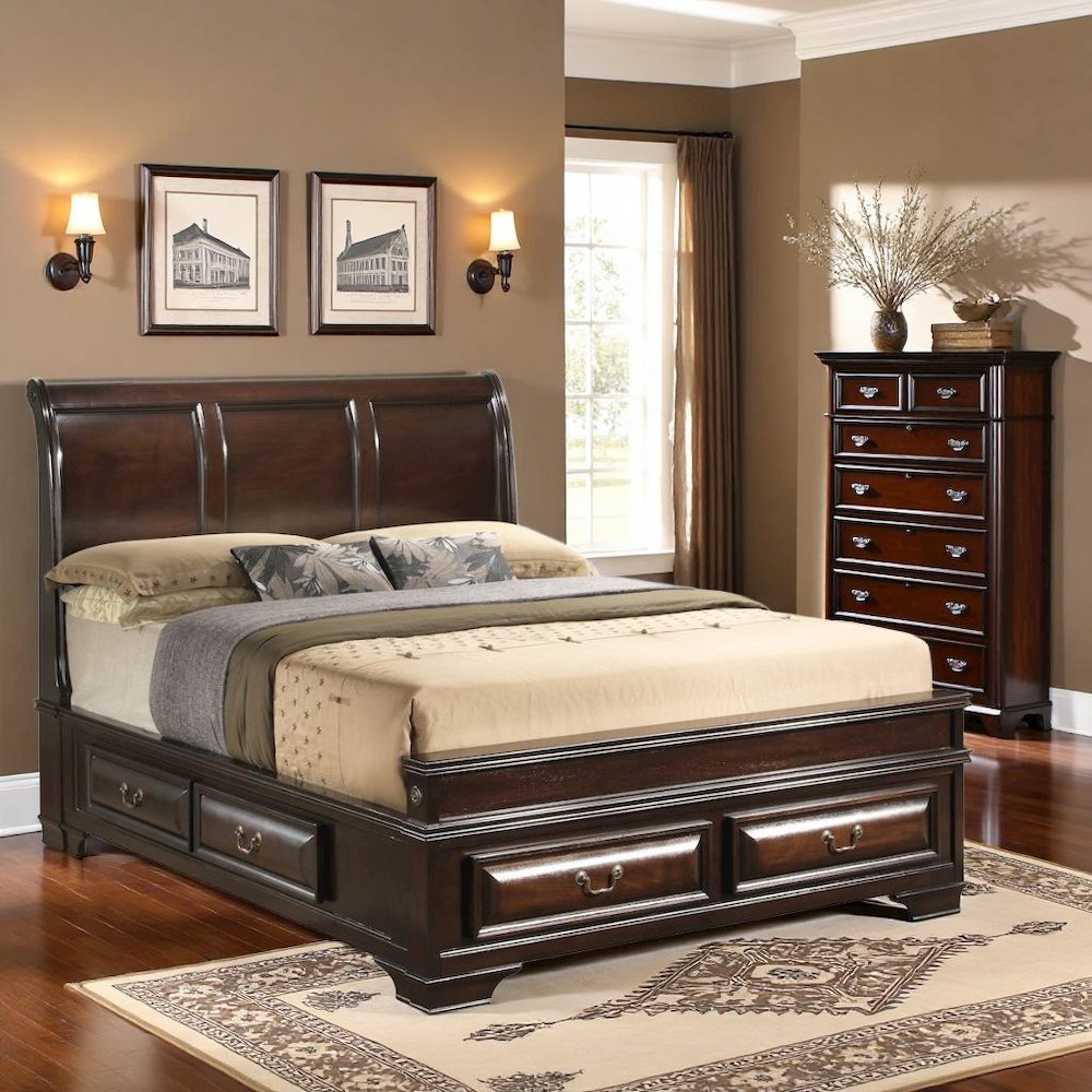Queen Bed Frame with 6 Storage Drawers in Cappuccino Finish Wood Design. Picture 3