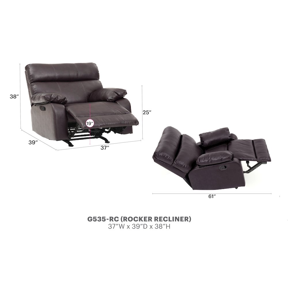 Glory Furniture Manny Rocker Recliner in Dark Brown Color. Picture 7