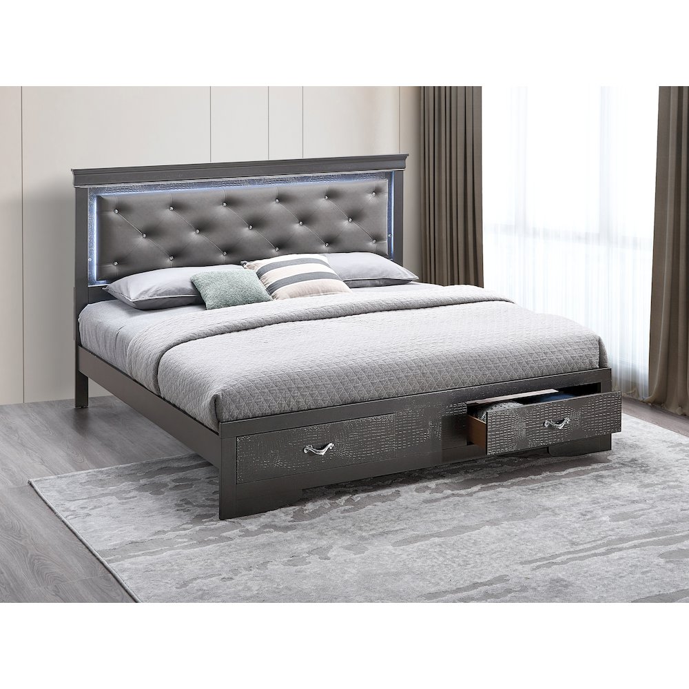 Storage Bed with LED Tufted Headboard, Modern Bedroom Beds, Gunmetal Gray, King. Picture 2