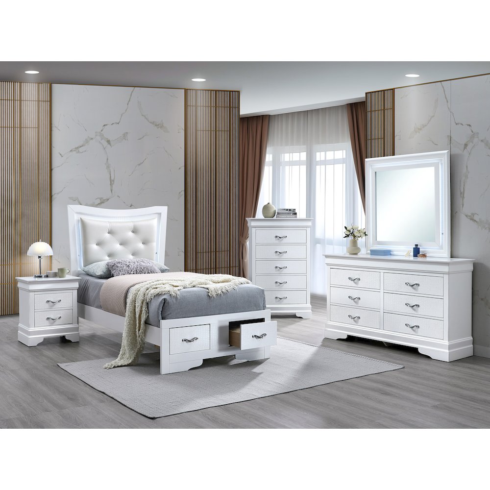 Storage Bed with LED Tufted Headboard, Bedroom Beds, Sparkling White, King. Picture 7