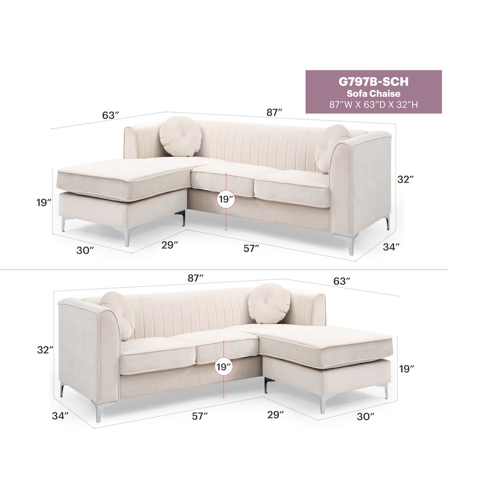 Glory Furniture Delray Sofa Chaise in Ivory Color. Picture 7