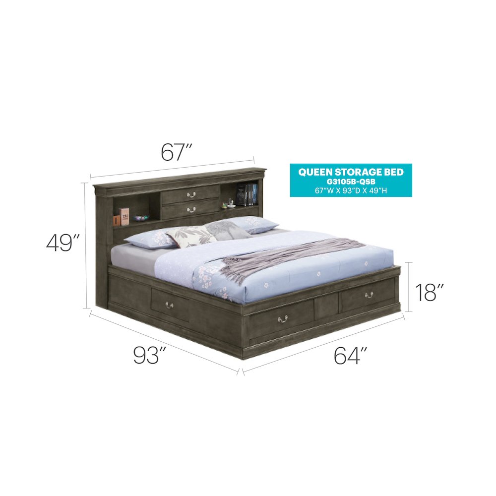 Glory Furniture Louis Phillipe Queen Storage Bed in Gray Color. Picture 7