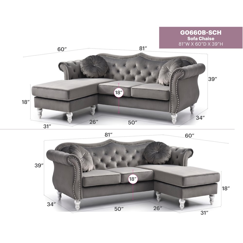 Glory Furniture Hollywood Sofa Chaise in Dark Gray Color. Picture 7