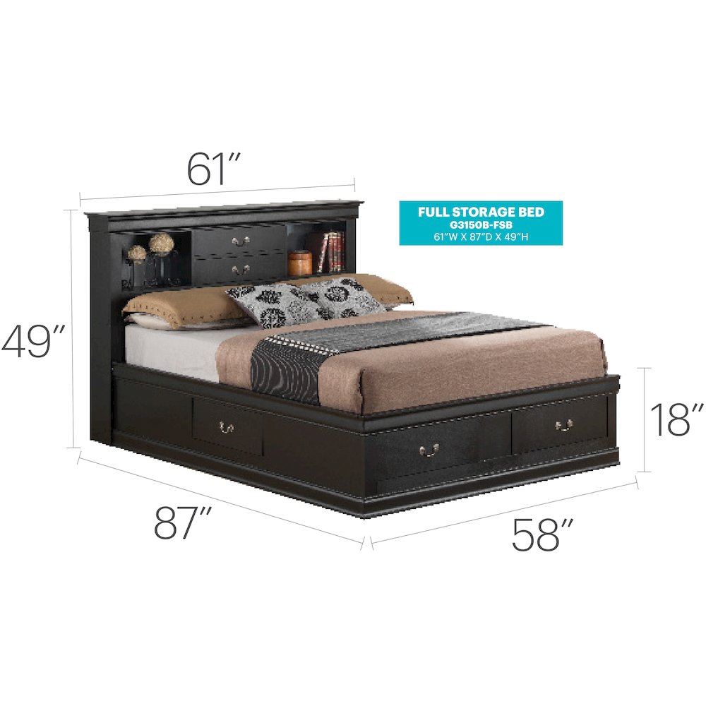 Glory Furniture Louis Phillipe Full Storage Bed in Black Color. Picture 3