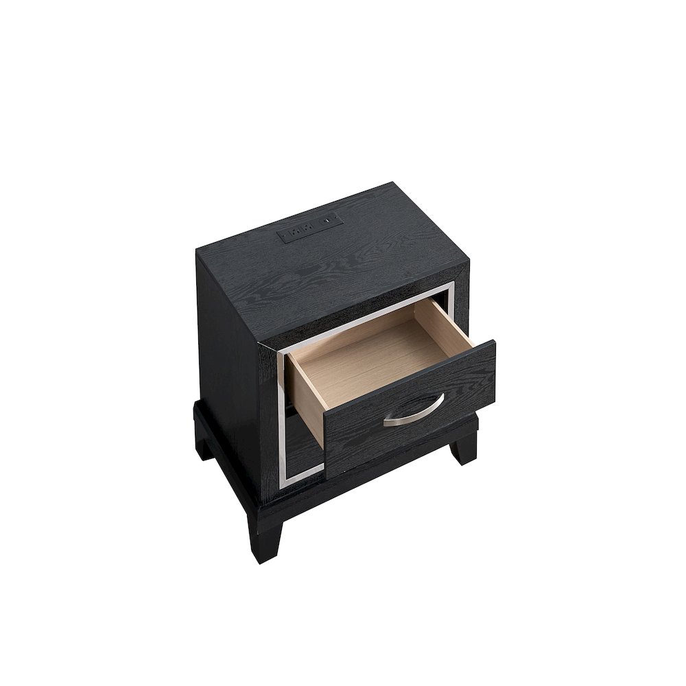 Contemporary Livingston 2 Drawer Nightstand with AC/USB Outlets, Black. Picture 3