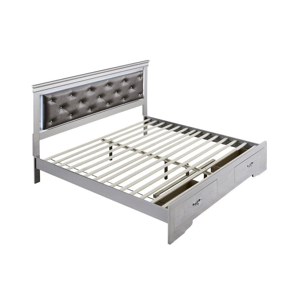 Storage Bed with LED Tufted Headboard, Bedroom Beds, Silver Champagne, King. Picture 5