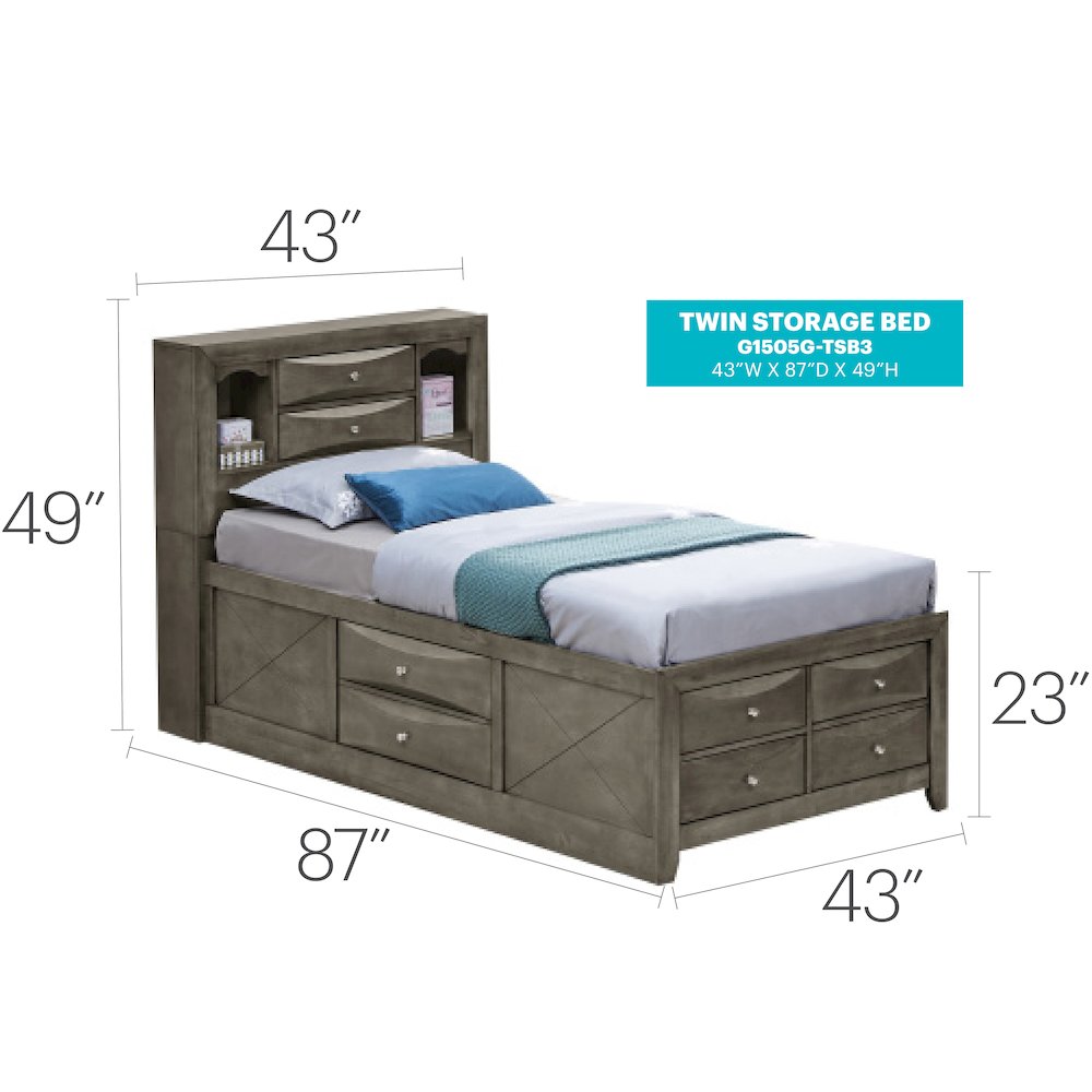 Glory Furniture Marilla Twin Storage Bed in Gray Color. Picture 7