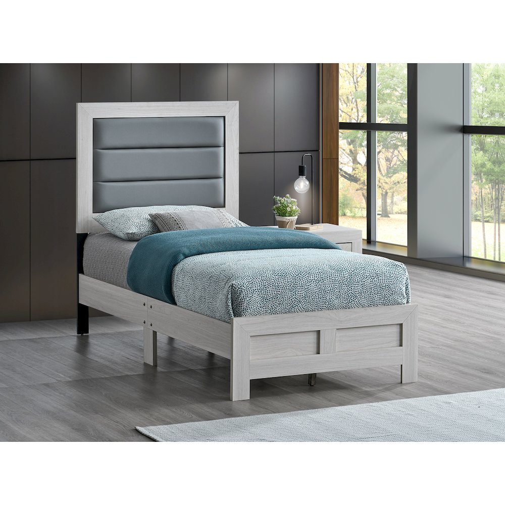 Wooden Platform Bed Frame with Headboard, Bedroom Bed Furniture, Beige, Twin. Picture 2