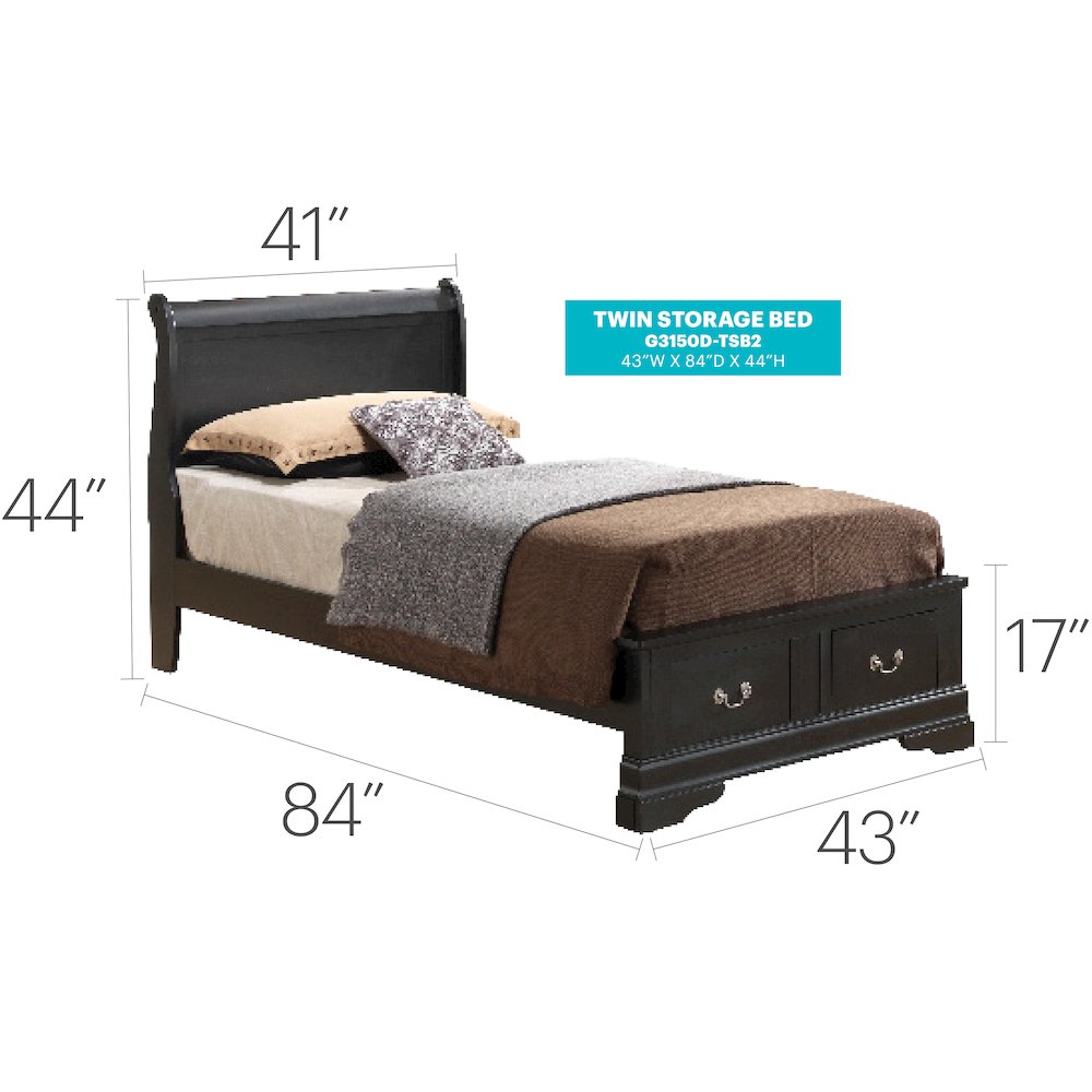 Glory Furniture Louis Phillipe Twin Storage Bed in Black Color. Picture 7