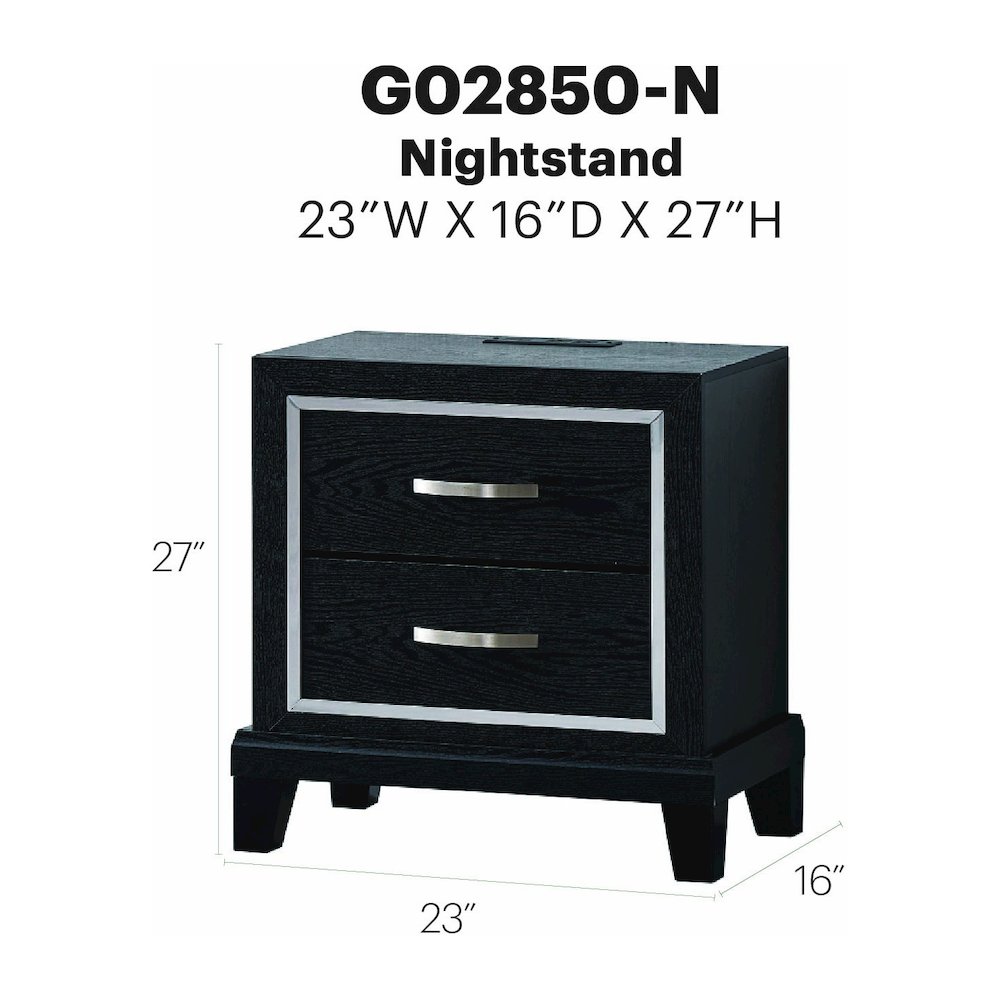 Contemporary Livingston 2 Drawer Nightstand with AC/USB Outlets, Black. Picture 7