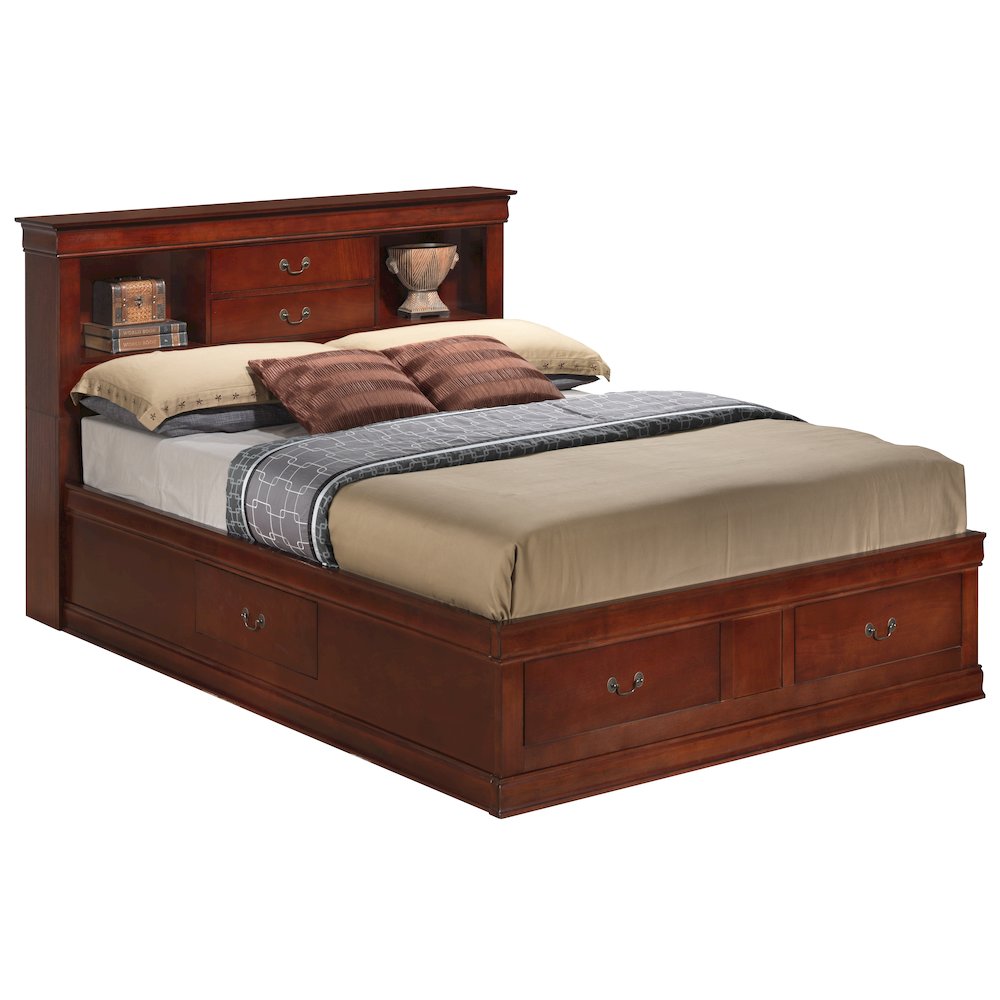 Glory Furniture Louis Phillipe Queen Storage Bed in Cherry Color. Picture 1