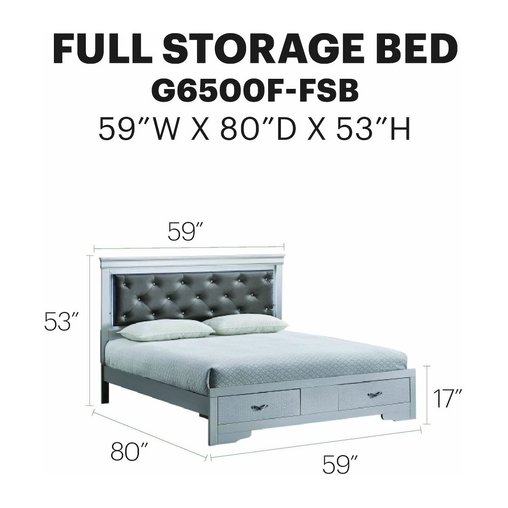 Storage Bed with LED Tufted Headboard, Bedroom Beds, Silver Champagne, Full. Picture 7