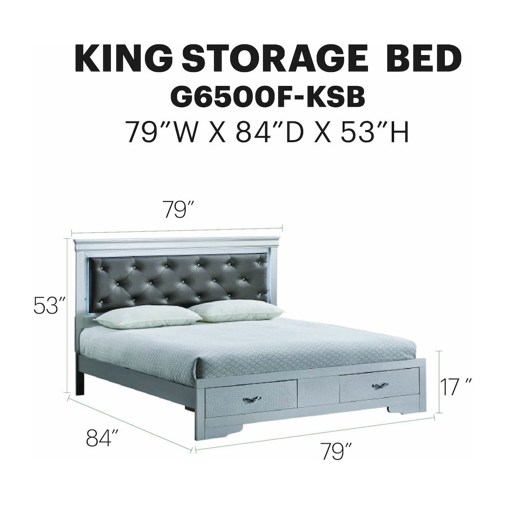 Storage Bed with LED Tufted Headboard, Bedroom Beds, Silver Champagne, King. Picture 7