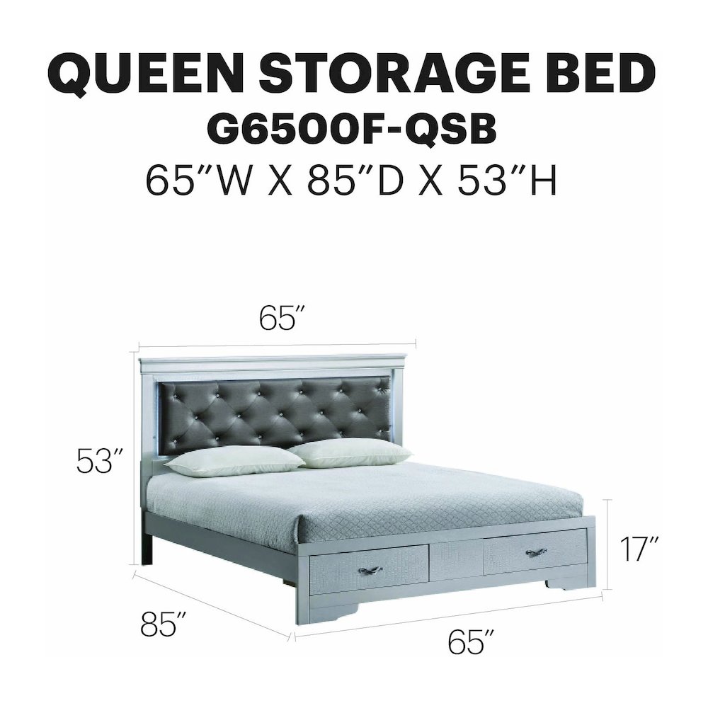 Storage Bed with LED Tufted Headboard, Bedroom Beds, Silver Champagne, Queen. Picture 7