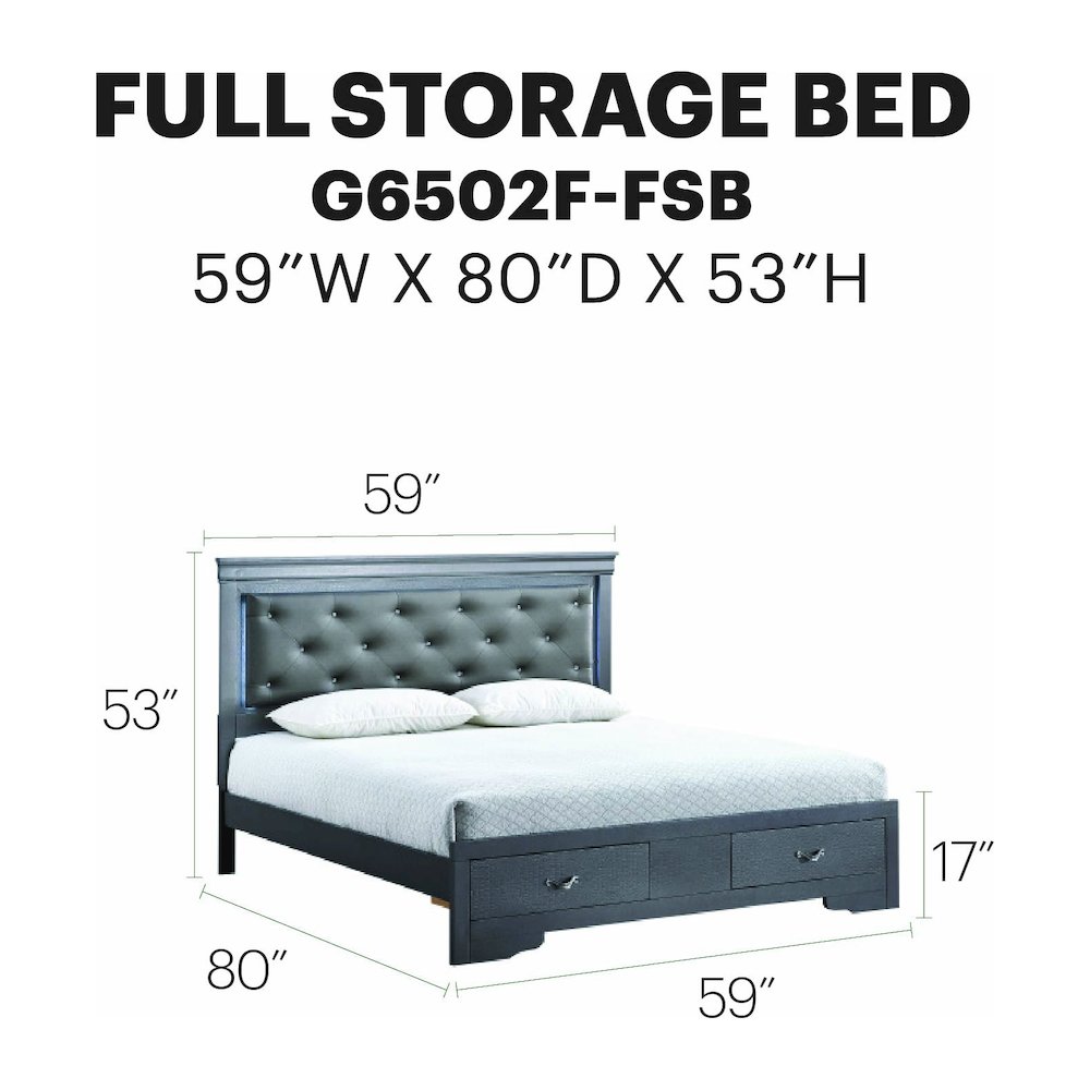 Storage Bed with LED Tufted Headboard, Modern Bedroom Beds, Gunmetal Gray, Full. Picture 7
