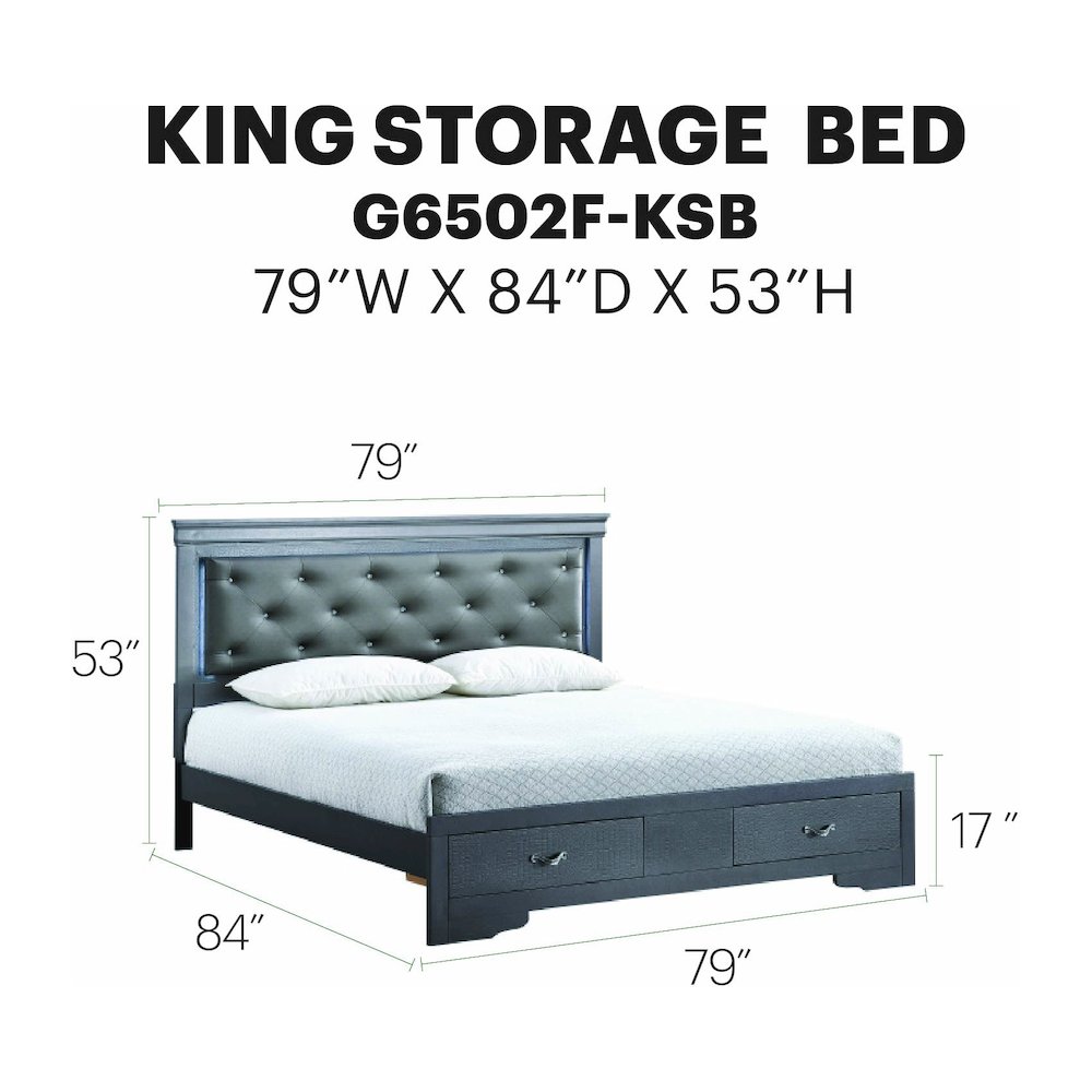 Storage Bed with LED Tufted Headboard, Modern Bedroom Beds, Gunmetal Gray, King. Picture 7