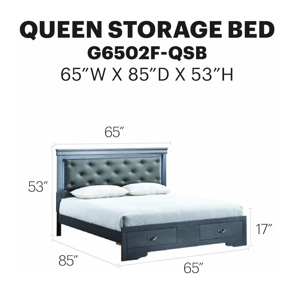 Storage Bed with LED Tufted Headboard, Modern Bedroom Beds, Gunmetal Gray, Queen. Picture 7