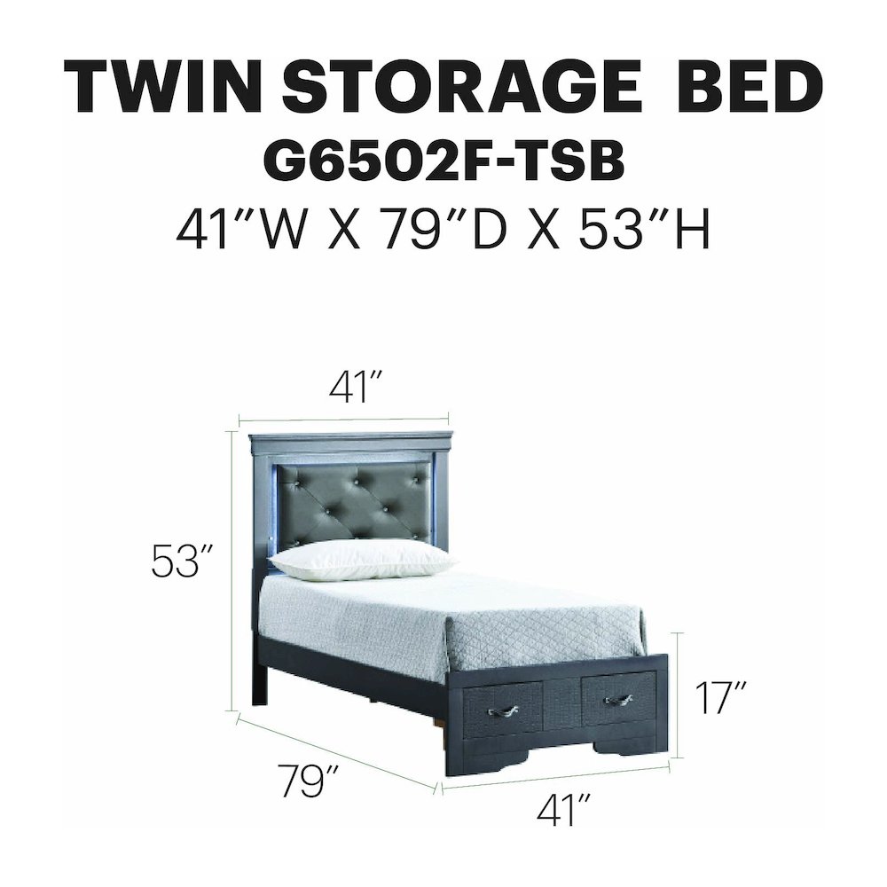 Storage Bed with LED Tufted Headboard, Modern Bedroom Beds, Gunmetal Gray, Twin. Picture 7