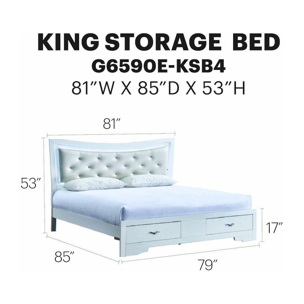 Storage Bed with LED Tufted Headboard, Bedroom Beds, Sparkling White, King. Picture 8