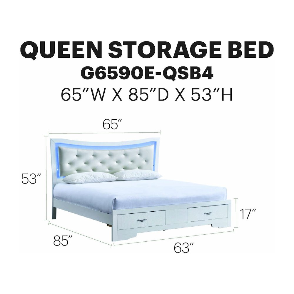 Storage Bed with LED Tufted Headboard, Bedroom Beds, Sparkling White, Queen. Picture 8