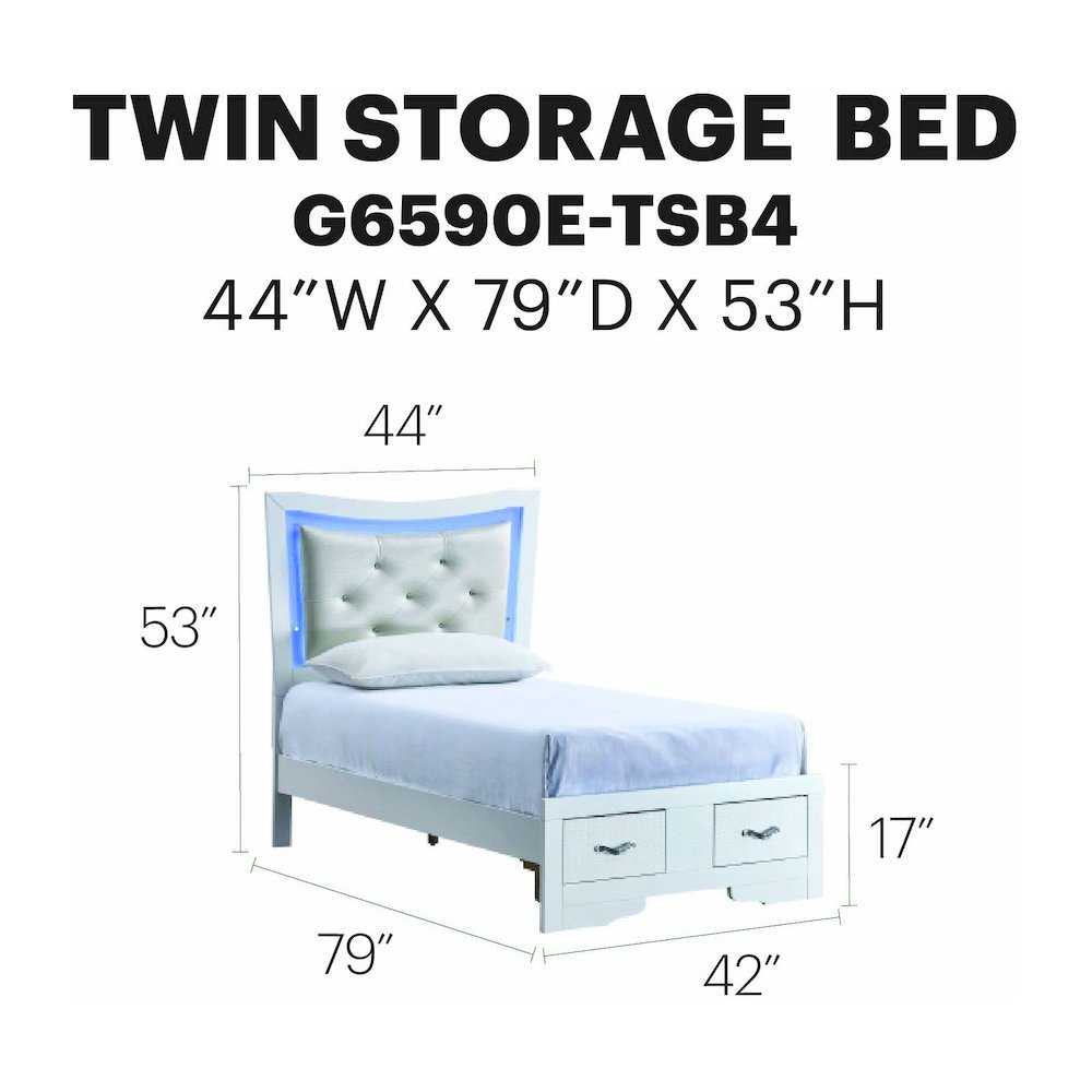 Storage Bed with LED Tufted Headboard, Bedroom Beds, Sparkling White, Twin. Picture 8