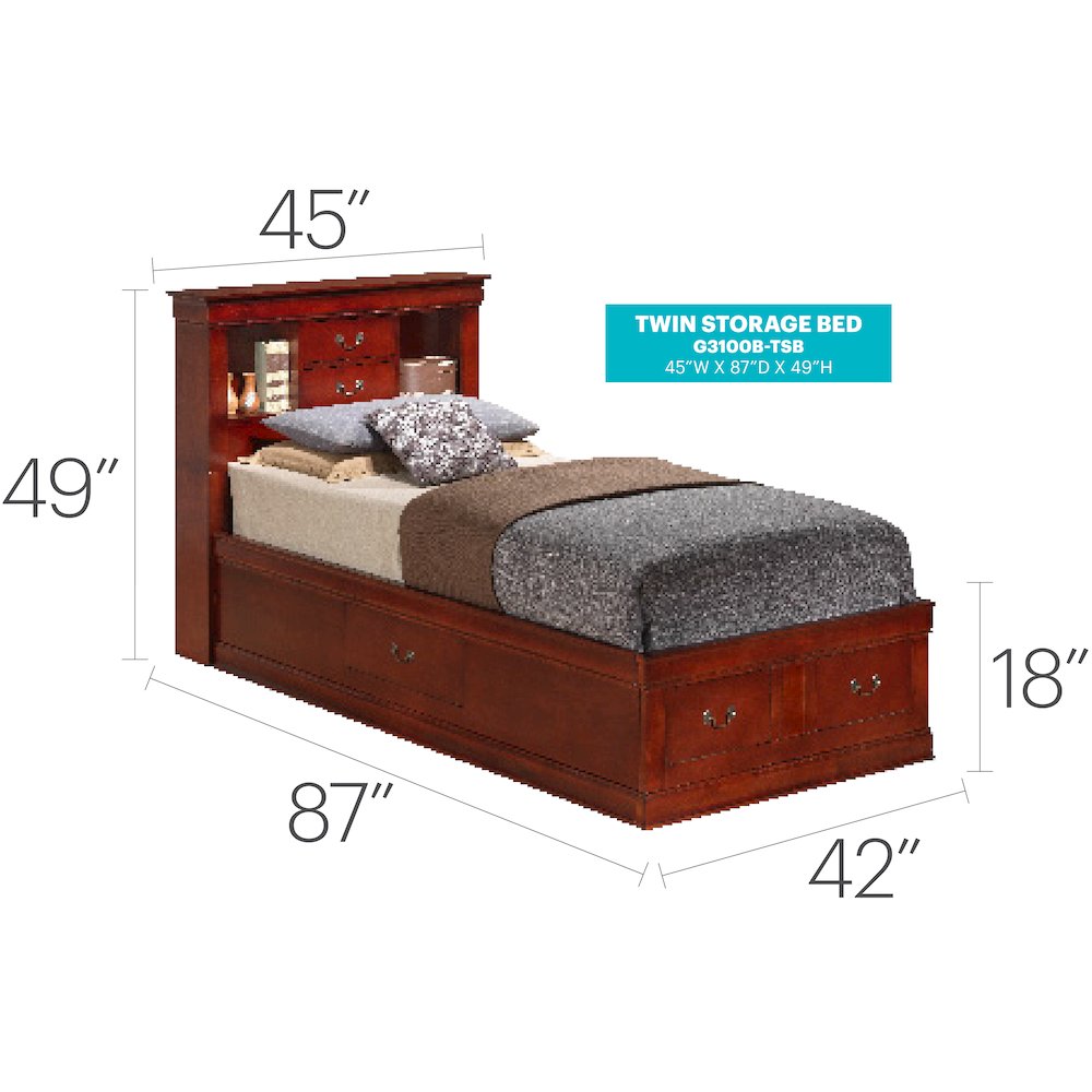 Glory Furniture Louis Phillipe Twin Storage Bed in Cherry Color. Picture 7