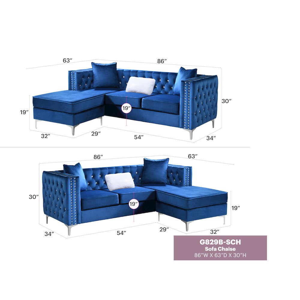 Glory Furniture Paige Sofa Chaise in Blue Color. Picture 7